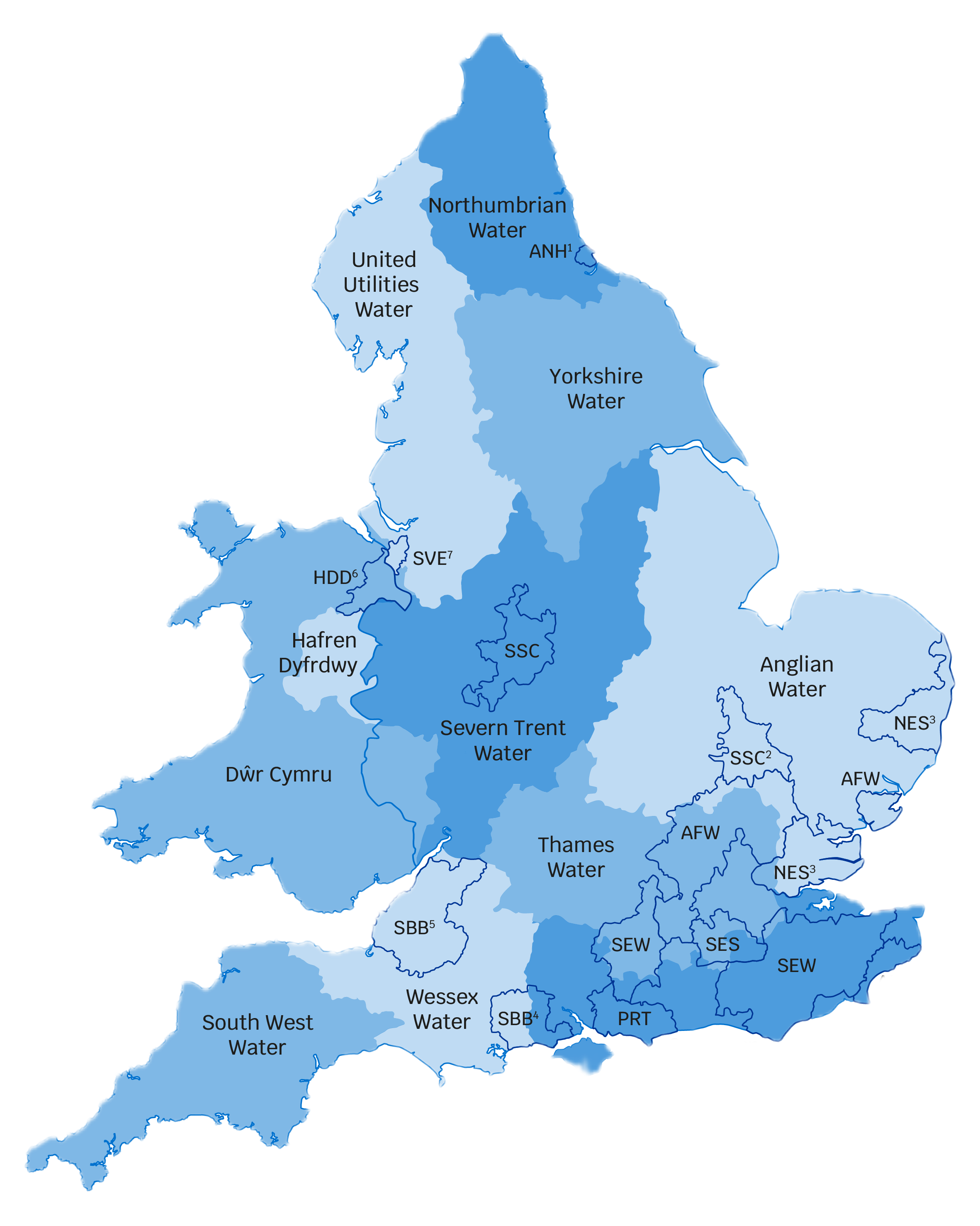 A map of the UK in various shades of blue, with the regions for each water company divided up.